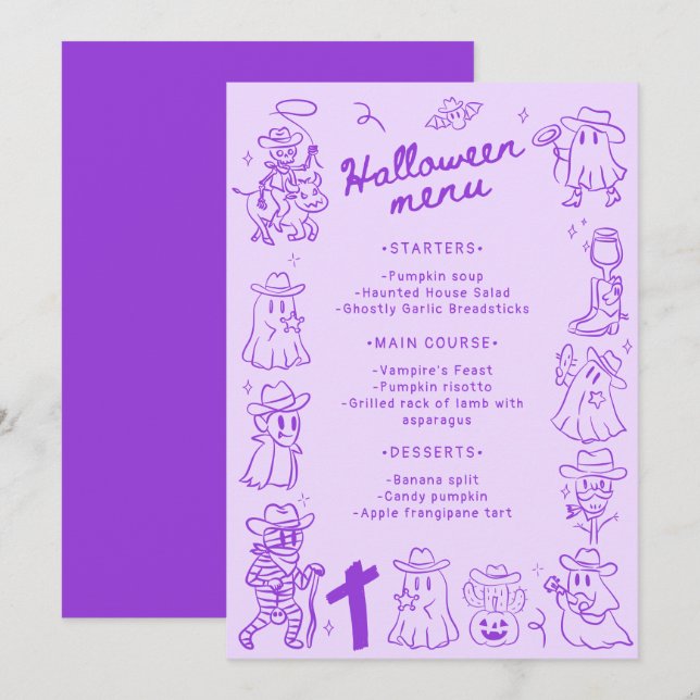 Menu Doodles à main cassée violet Halloween (Devant / Derrière)