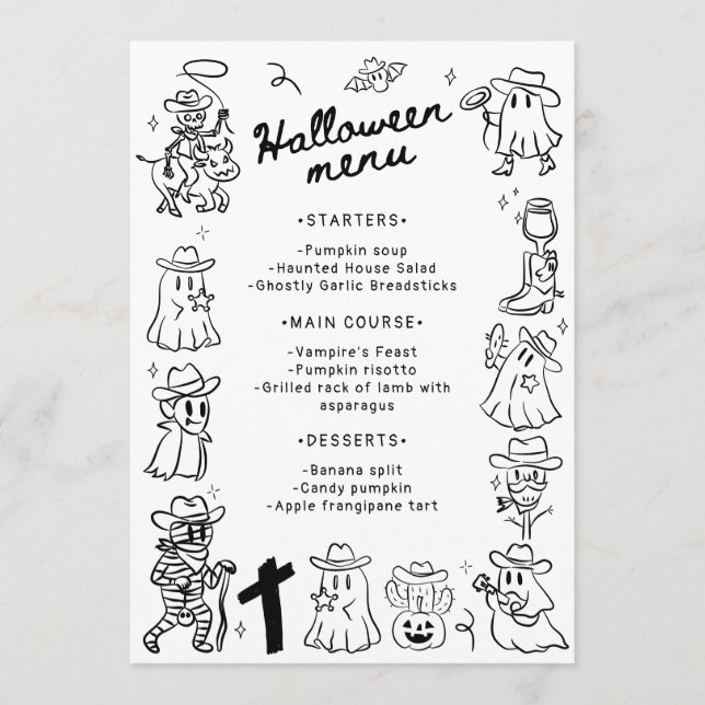 Menu Doodles noir et blanc à main irky tiré Halloween (Devant)