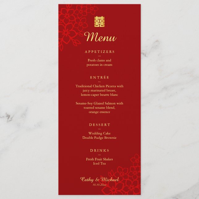 Menu Double bonheur floral rouge mariage chinois (Devant)