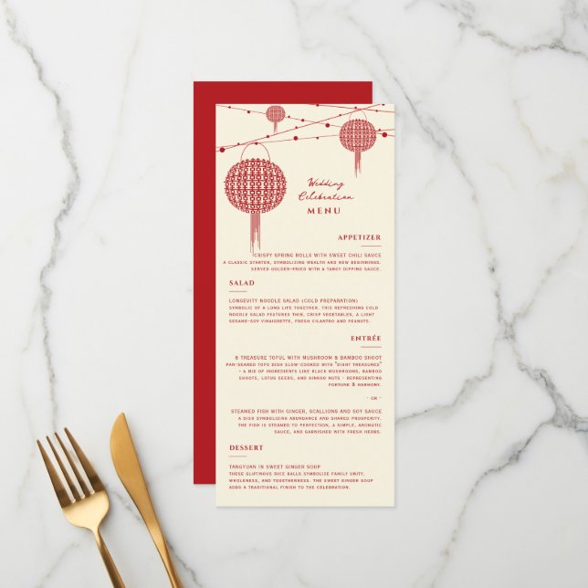 Menu Double Happiness Lanternes Rouges Mariage Chic Chi (Devant/Arrière en situation)