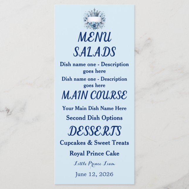Menu Doublure d'enveloppe Couronne Prince Bleu Argent (Devant)