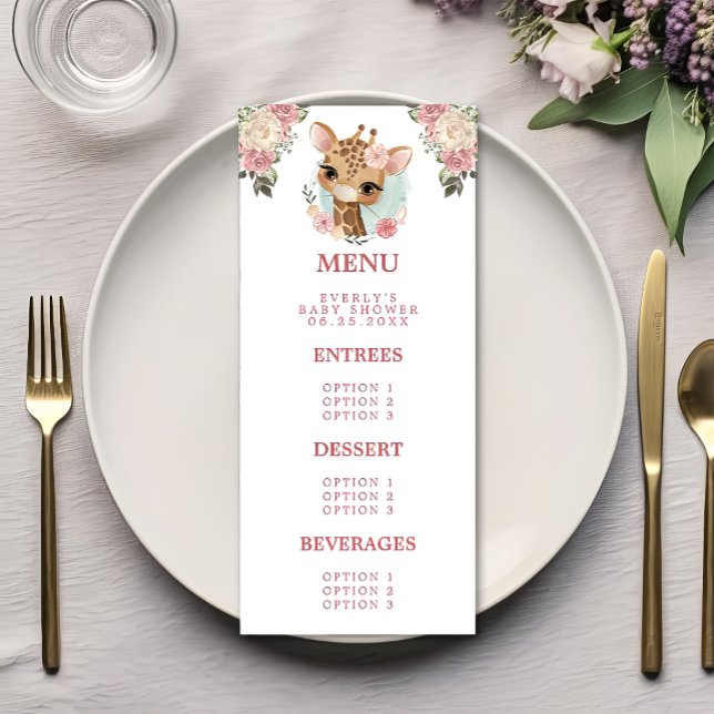 Menu Douce girafe florale aquarelle Baby Shower fille (Créateur téléchargé)