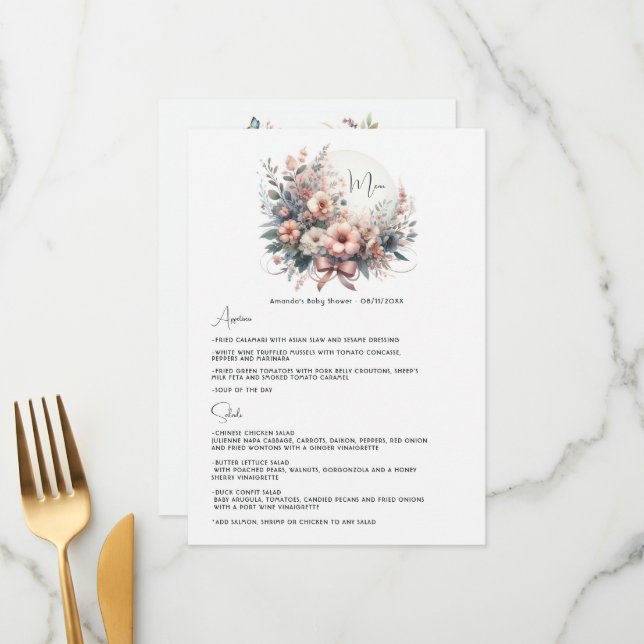 Menu Douces Fleurs Pastel Bouquet Floral Baby Shower (Devant/Arrière en situation)