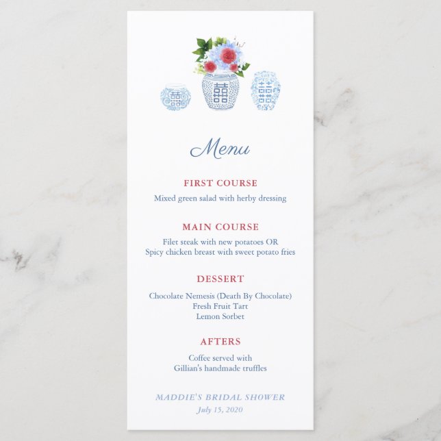 Menu Douche de mariage élégante aquarelle rouge blanc b (Devant)