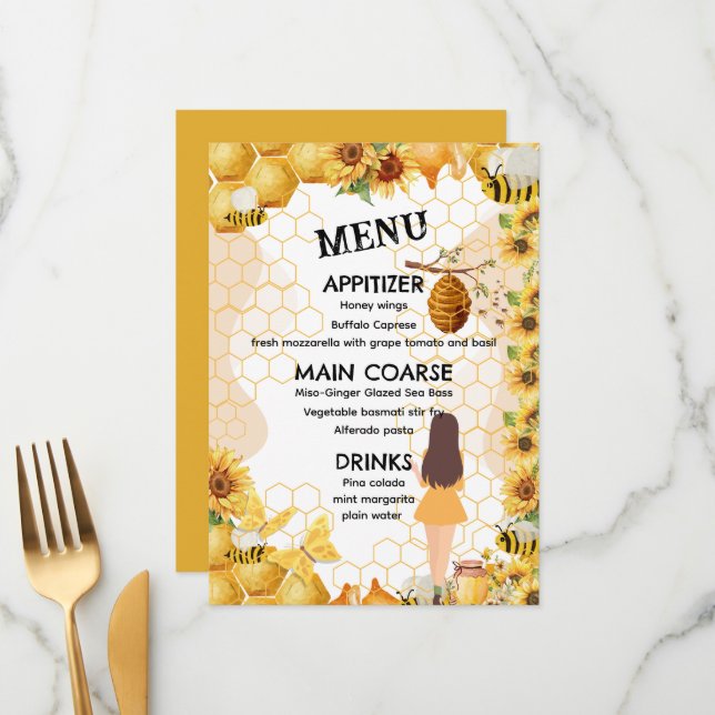 Menu Douche nuptiale jaune et noir (Devant/Arrière en situation)