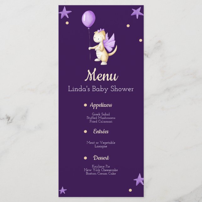 Menu Dragon mignon violet avec Baby shower de fille à b (Devant)