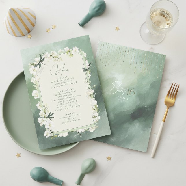 Menu Dragonfly Floral Sweet 16 Vert Sauge ID1310 (Créateur téléchargé)