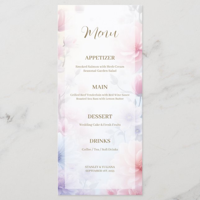 Menu Dreamy Pink Blue Watercolor Fantasy Floral Fine (Devant)