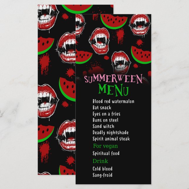 Menu drôle de Vampire pour une fête de Summerween  (Devant / Derrière)