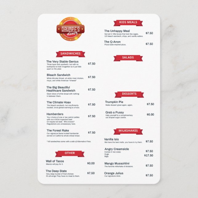 Menu "Drumpf's Diner" (Devant)