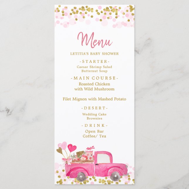 Menu du Baby shower d'amour du camion Valentine (Devant)