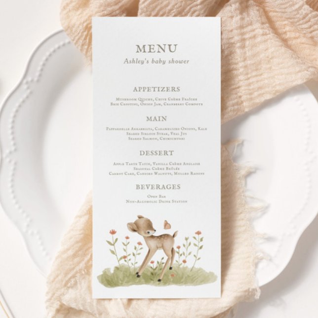 Menu du Baby shower forestier (Customize the text, colors, and design placement to fit your needs!)