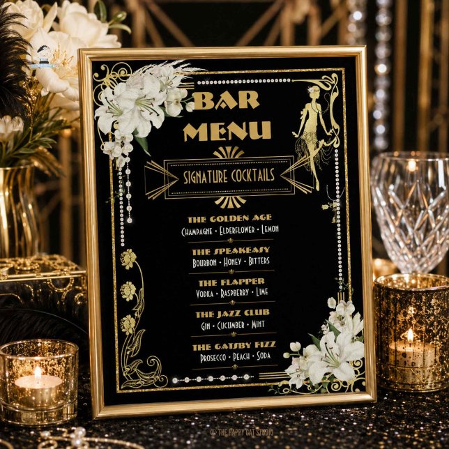 Menu du bar Art Déco Perles Fleurs Blanches Gatsby (Art Deco Pearls White Flowers Gatsby 20s Bar Menu Poster Printed and digital download)