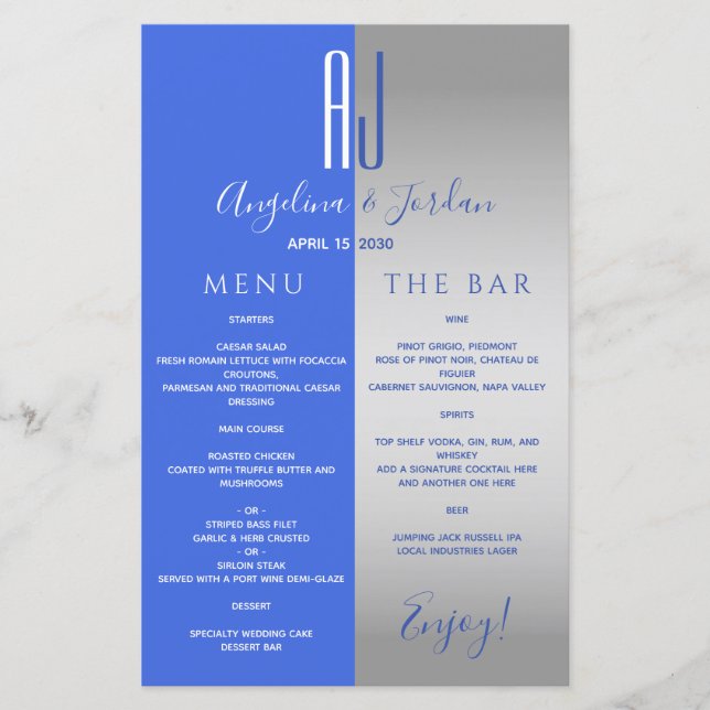 Menu du bar de mariage bleu royal (Devant)