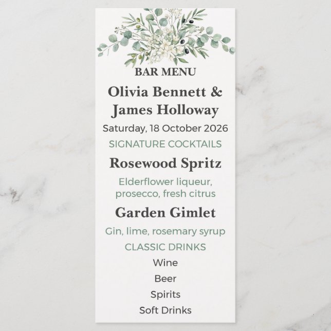 Menu du bar de mariage du jardin botanique (Devant)