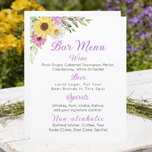 Menu du bar de mariage floral avec tournesol et ma