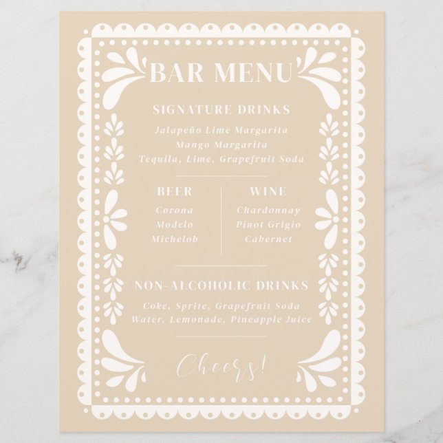 Menu du bar de mariage Papel Picado Thème Mexicain (Devant)