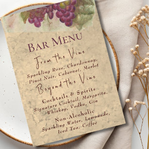 Menu du bar de mariage rustique dans un pays vitic