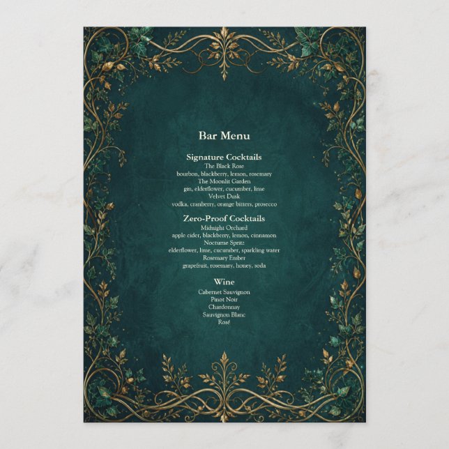 Menu du bar pour le dîner de mariage dans la forêt (Devant)