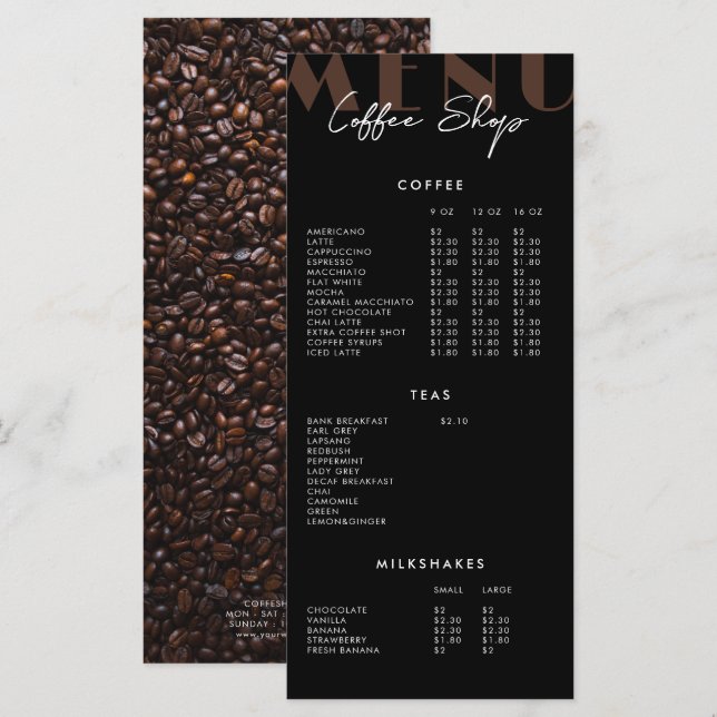 Menu du café minimaliste moderne noir (Devant / Derrière)