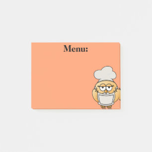 Menu du chef chouette mignon sur un Post-It orange