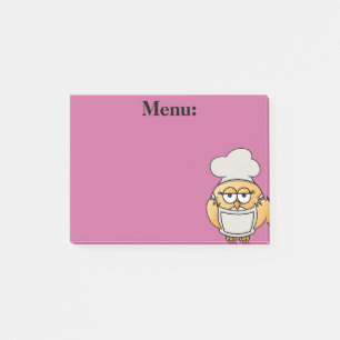 Menu du chef hibou mignon sur post-it rose