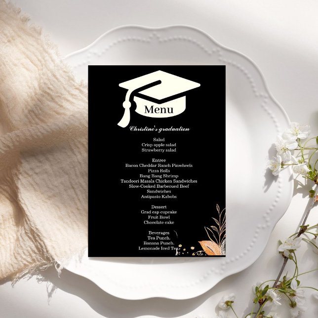 Menu du dîner de la soirée Whimsical black Graduat (Créateur téléchargé)