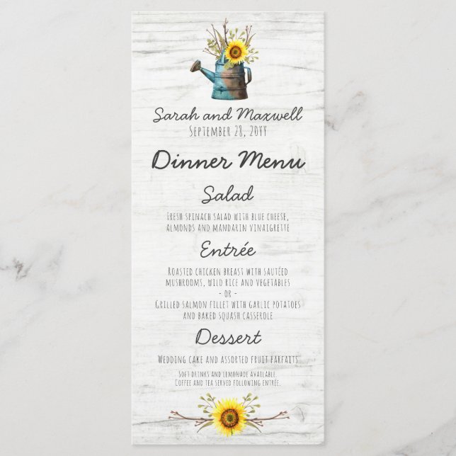 Menu du dîner de mariage à la ferme Sunflower & Ru (Devant)