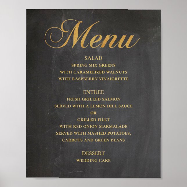Menu du dîner de mariage doré. Tableau noir élégan (Devant)
