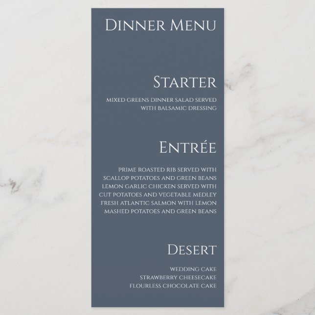 Menu du dîner de mariage et bar - Bleu et Blanc - (Devant)