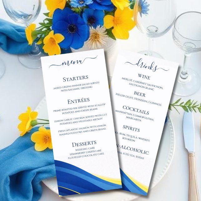 Menu du dîner de mariage et du bar Bleu et Jaune (Cobalt Blue and Lemon Yellow Wedding Dinner and Bar Menu)