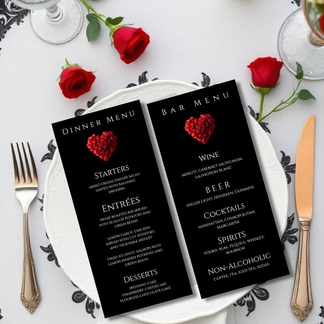 Menu du dîner de mariage et du bar - Roses rouges  (Wedding Dinner and Bar Menu-Heart Shaped Red Roses Menu)