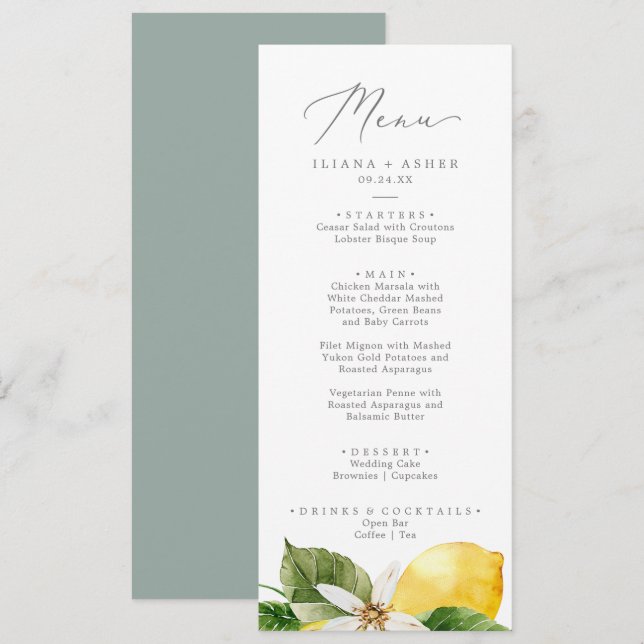 Menu du dîner de mariage moderne Lemon Garden (Devant / Derrière)