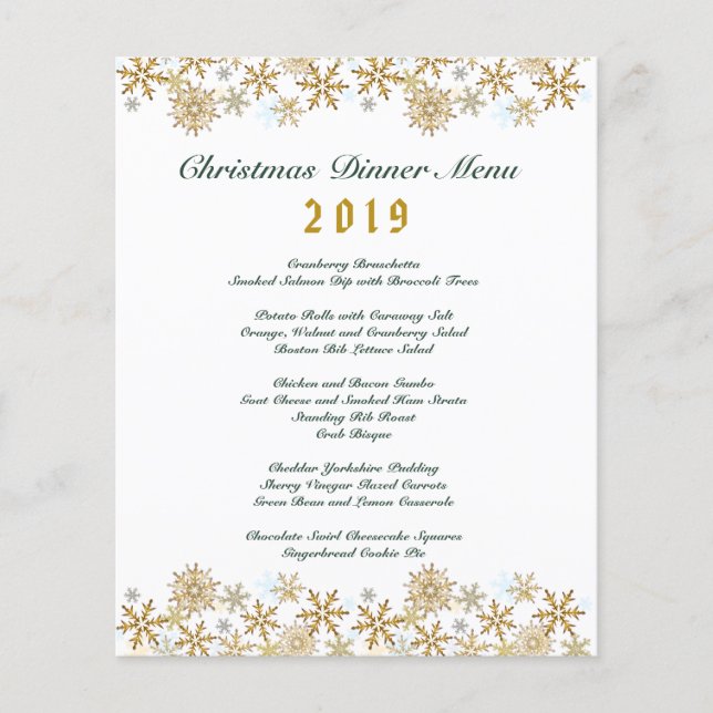 Menu du dîner de Noël aux flocons d'or (Devant)