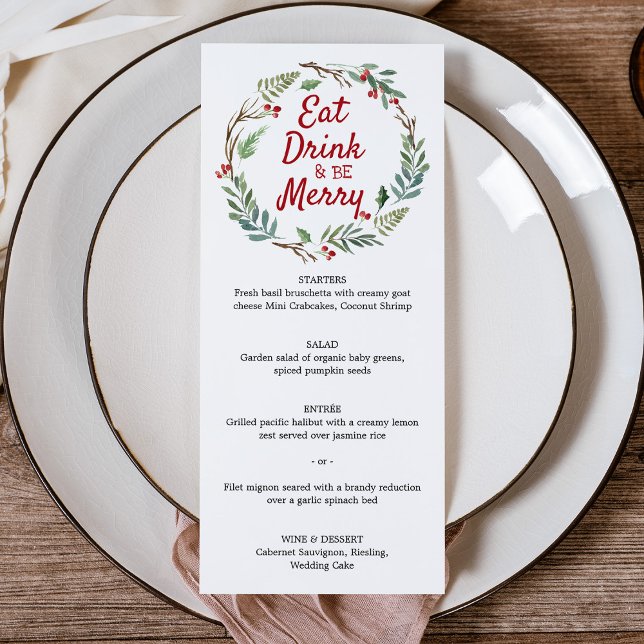 Menu du dîner de Noël Mangez, Buvez et soyez Joyeu (Eat Drink and be Merry Christmas Dinner Menu Card)