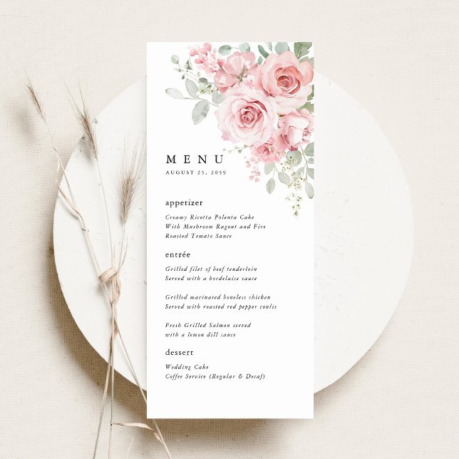 Menu du dîner de réception de mariage floral Rose  (Blush Rose Floral Wedding Menu Card, Blush Pink Rose Reception Menu, Watercolor Wedding Stationery)