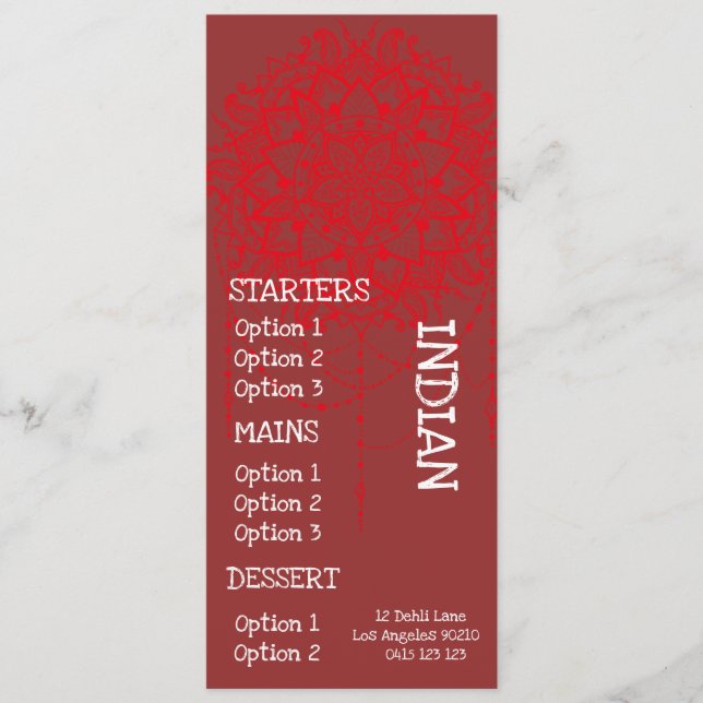 Menu du dîner de restaurant indien (Devant)