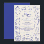 Menu du dîner dessiné à la main Italien Bleu<br><div class="desc">Rehaussez votre réception de mariage avec cette carte de menu illustrée. Caractérisée par des icônes de nourriture dessinées à la main et un design classique, cette carte de menu personnalisable ajoute une touche charmante à votre jour spécial. Parfaite pour mettre en valeur votre menu soigneusement sélectionné, cette carte est à...</div>