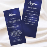 Menu du dîner du programme de mariage bleu marine<br><div class="desc">Programme et menu de réception de mariage. Personnalisez et ajoutez votre nom,  votre programme et le menu. Arrière - plan bleu marine,  texte blanc. La couleur bleue est inégale. Retour : ajoutez le menu du dîner de célébration.</div>
