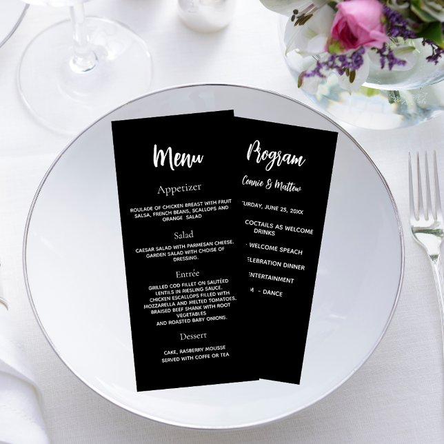 Menu du dîner du programme de mariage noir blanc (Créateur téléchargé)