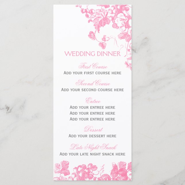 Menu du dîner mariage à fleurs rose gris modèle (Devant)