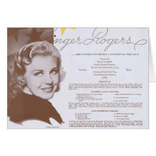 Menu du dîner Vintage Ginger Rogers