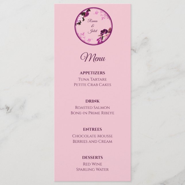 Menu du Mariage à anneaux florales pourpre (Devant)