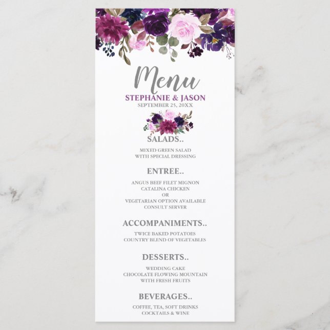 Menu du Mariage Boho Floral Lavender violet (Devant)