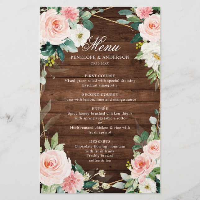 Menu du Mariage botanique en bois rustique (Devant)
