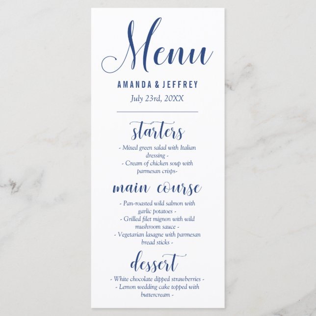 Menu du Mariage de calligraphie bleu marine (Devant)