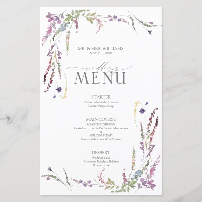 Menu du Mariage de calligraphie Fleur sauvage viol (Devant)