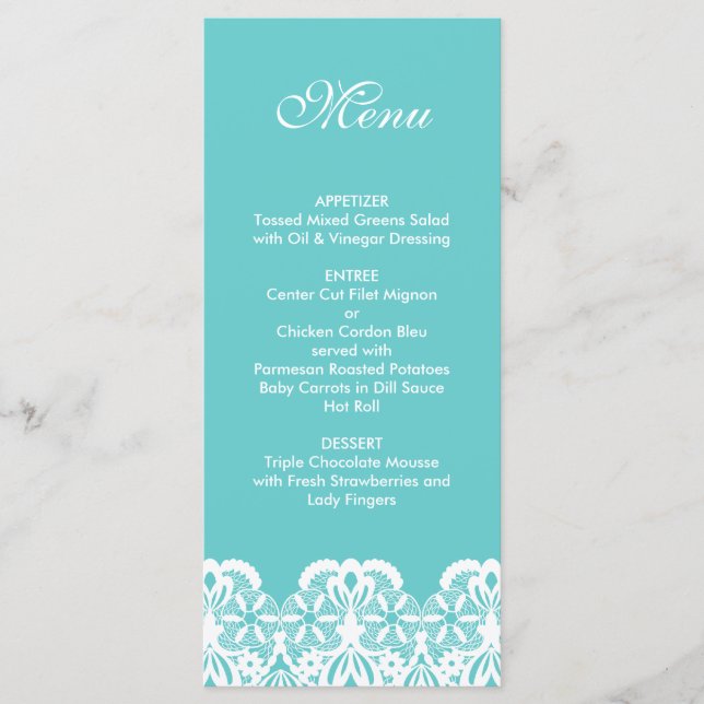Menu du Mariage de dentelle Turquoise Tiffany (Devant)