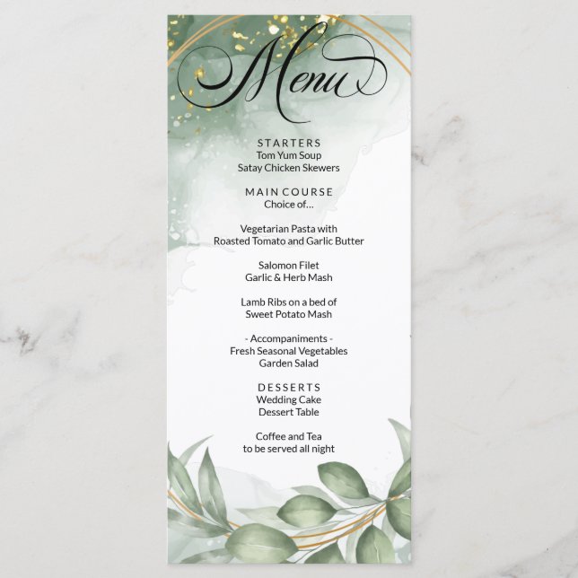 Menu du Mariage de feuillage moderne Vert Or (Devant)