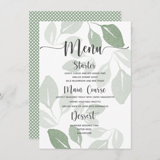 Menu du Mariage de feuillage vert moderne (Devant / Derrière)